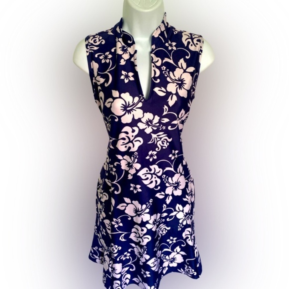 Paula Czech Floral Dress in Navy and White-S navy white , polyester spandex